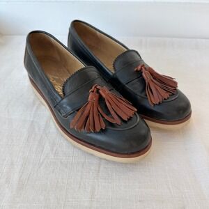 Frye Black Leather Tassel Loafers with Brown Tassels